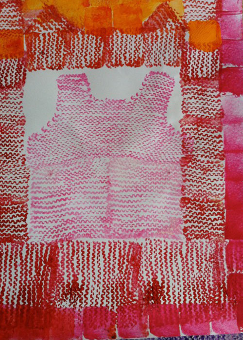No. 2 - Stempels van gebreide katoen, acryl op papier - 50 x 70 cm - Kittie Markus